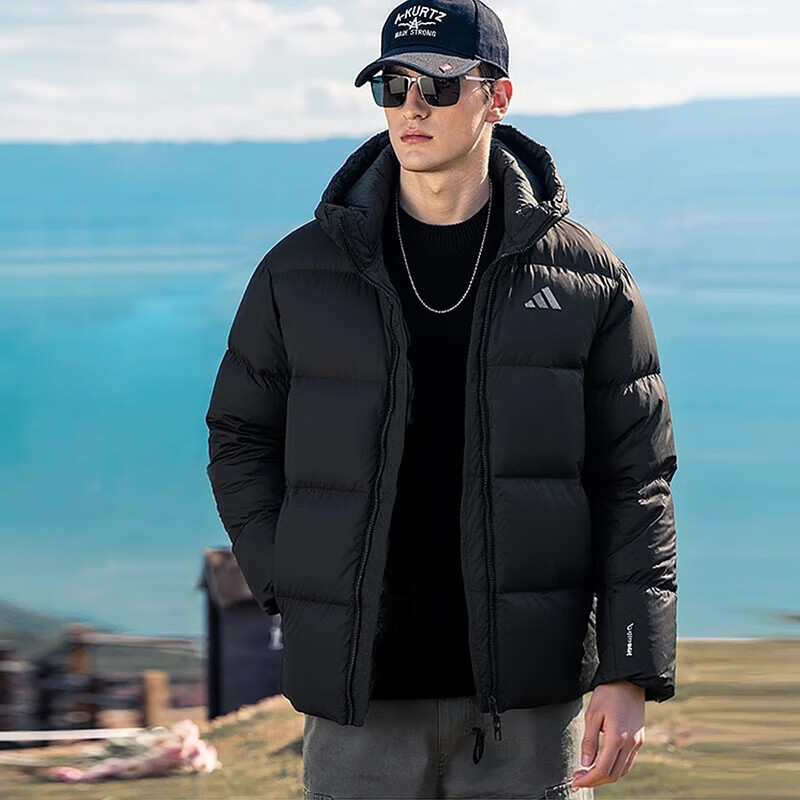 阿迪达斯羽绒服男装 2025冬季新款运动休闲加厚保暖防风连帽短款鸭绒服 KC2478 黑色 /男女同款 L 【178-182cm/140-160斤】