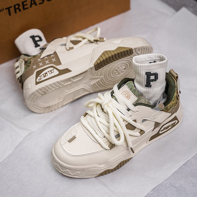 真维斯（Jeanswest）男鞋休闲鞋子男士厚底增高运动板鞋面包鞋 米绿 39