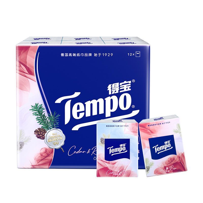 得宝（TEMPO）手帕纸雪松玫瑰12-36包4层加厚小包纸巾印花对半撕便携餐巾纸 12包*7片【雪松玫瑰印花  对半撕设计】 1层 1片*1包