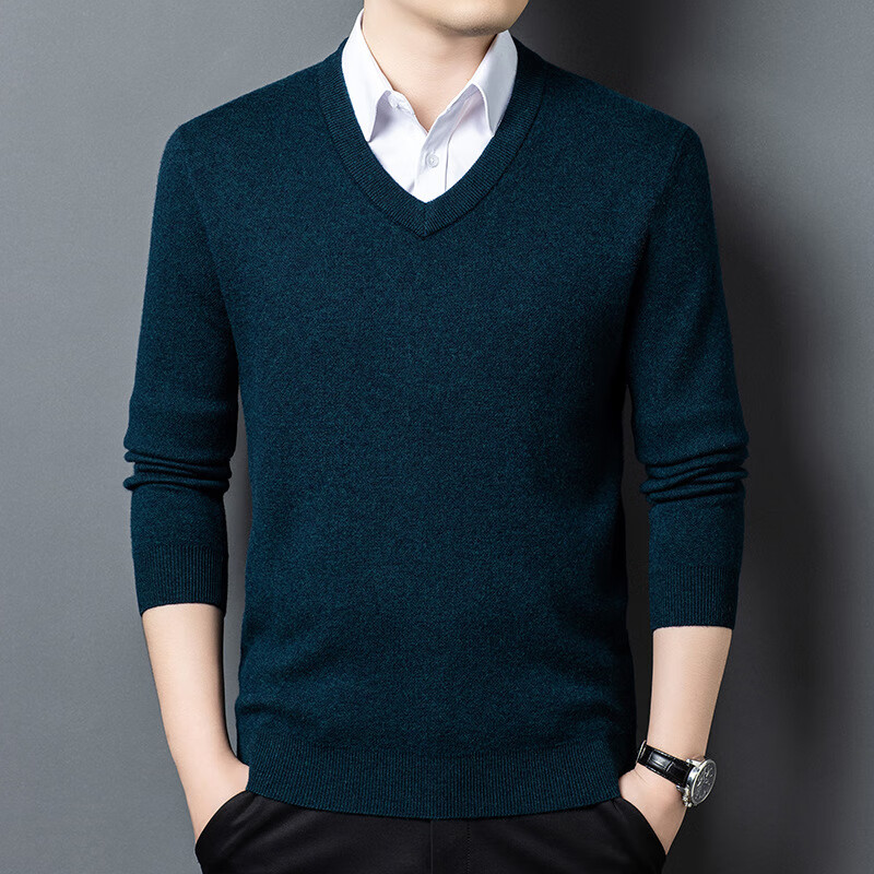 HARTMARX雅戈尔500g重磅加厚男士羊毛衫100纯羊毛秋冬新款纯色V领毛衣打 特黑-100纯羊毛 4XL