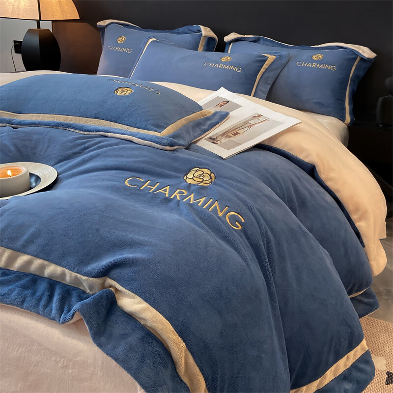 VJE高克重牛奶绒四件套冬季加厚保暖床单被套轻奢双面绒床上用品 查伦-宝石蓝+香槟色 三件套1.2m 床单款 -被套150*200cm