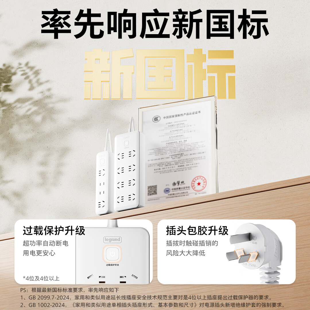 罗格朗新国标插座插排接线板总控接线板插排插板插座面板 【新国标防过载】总控4位5孔+4位2孔-2.8米