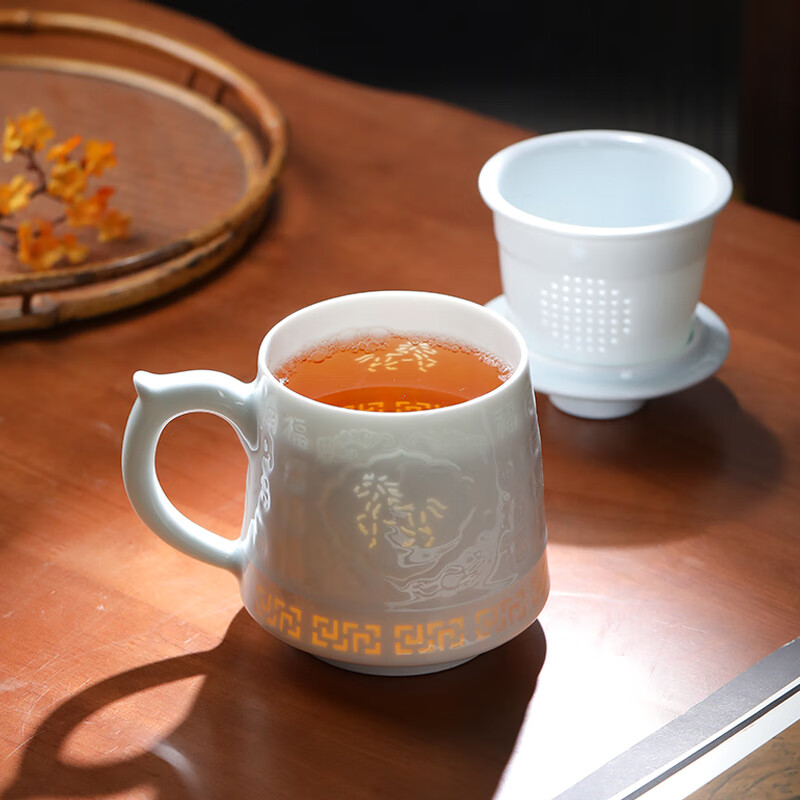 御嘉斋景德镇陶瓷手工雕刻中式新款生肖茶杯玲珑办公泡茶杯水杯送礼礼物 新款生肖玲珑办公杯-猪叩福门