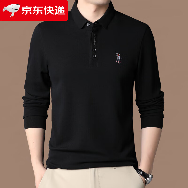 利郎男裝長(zhǎng)袖t恤純棉休閑中青年男士春秋翻領(lǐng)潮流刺繡上衣polo衫 黑色 M 165/