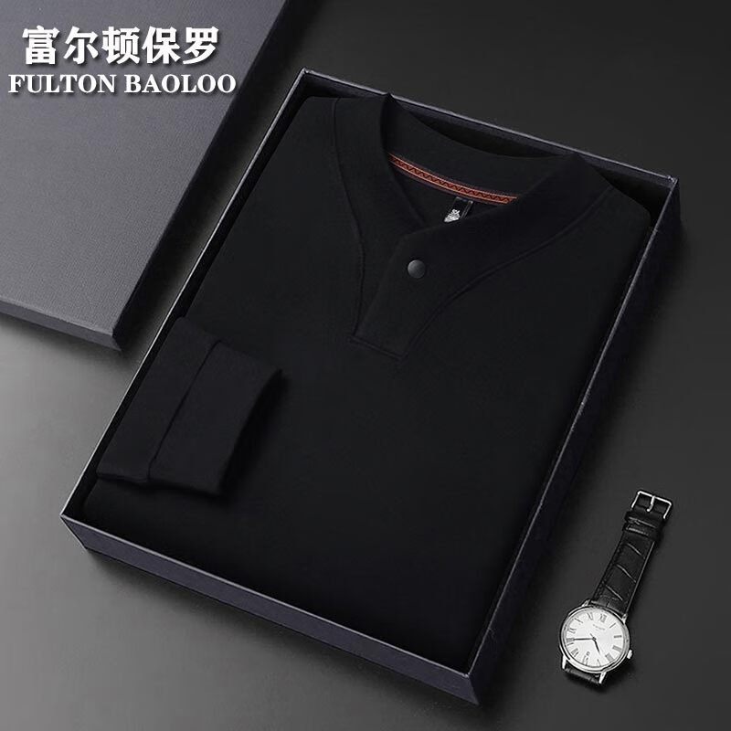 FULTON BAOLOO 富尔顿保罗男士长袖t恤冬季新款V领德绒保暖打底衫中青年简约纯色百搭体恤衫 黑色 4XL （建议190到210斤穿）