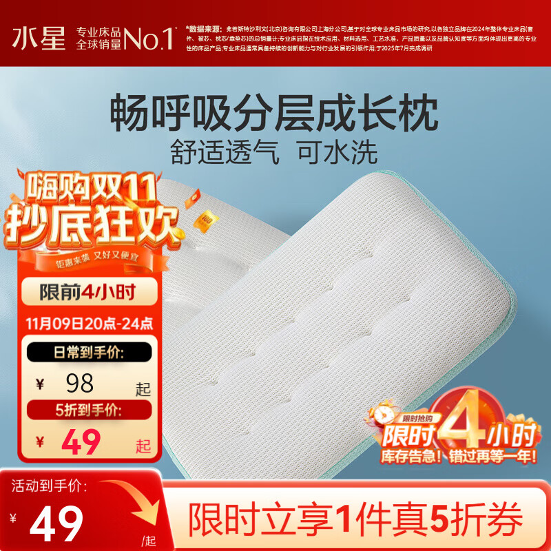 水星家纺枕头枕芯 婴幼儿A类畅呼吸分层可水洗成长枕 畅呼吸【莱赛尔/抗菌可水洗】蓝