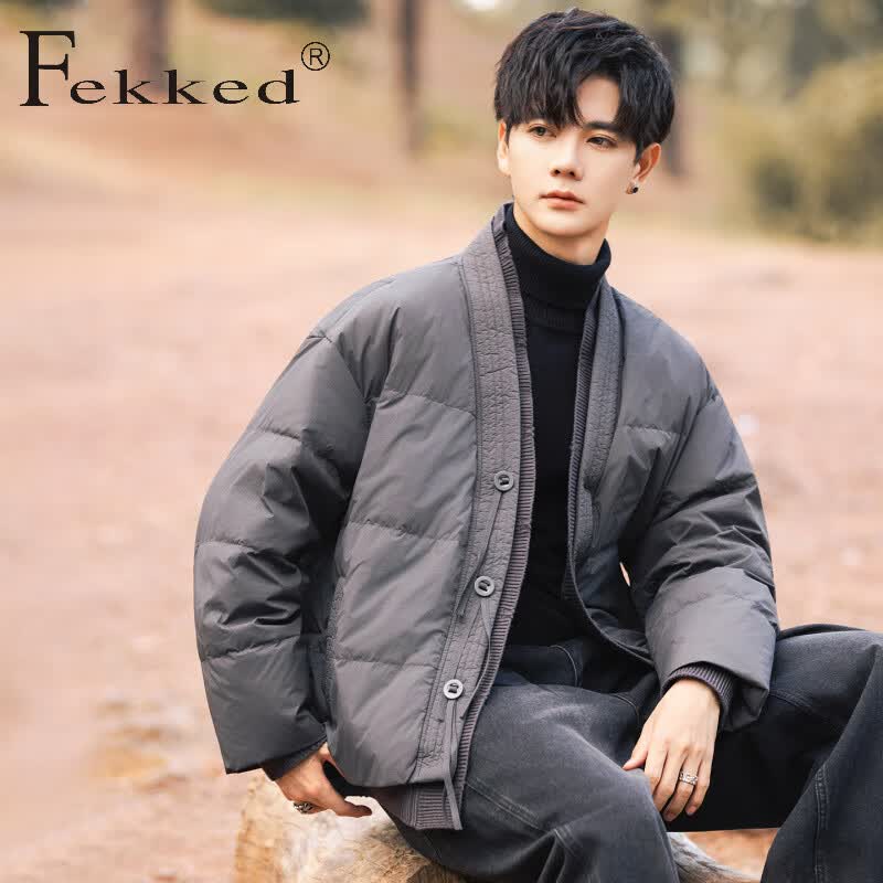Fekked香港潮牌2025年冬季新款男士微阔针织拼接西服领单排扣羽绒服外套 灰色 M