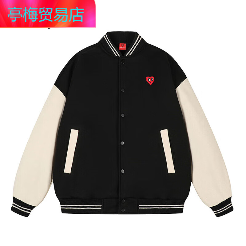 查爾斯桃心棒球服外套男加絨加厚2025新款情侶夾克 黑色 S