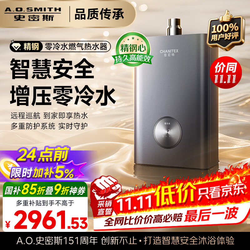 史密斯（A.O.SMITH）佳尼特 16升增压零冷水燃气热水器 JSQ31-TJD 持久恒温大水量  智能安全 精钢换热器包8年 新品