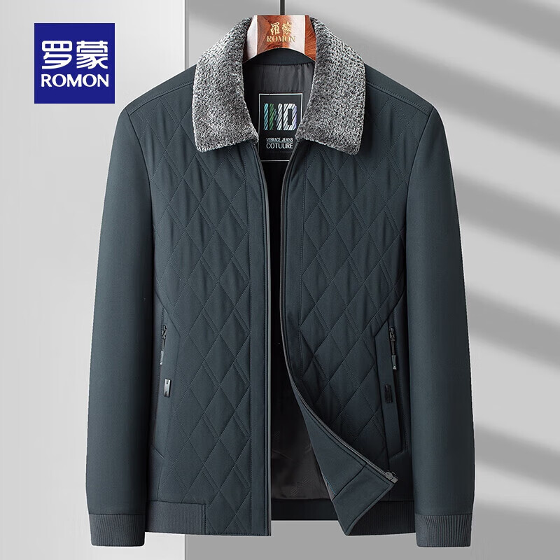 罗蒙（ROMON）加厚棉服2024新款秋冬毛领中老年男士保暖休闲商务防寒棉衣棉袄 黑色 L 175