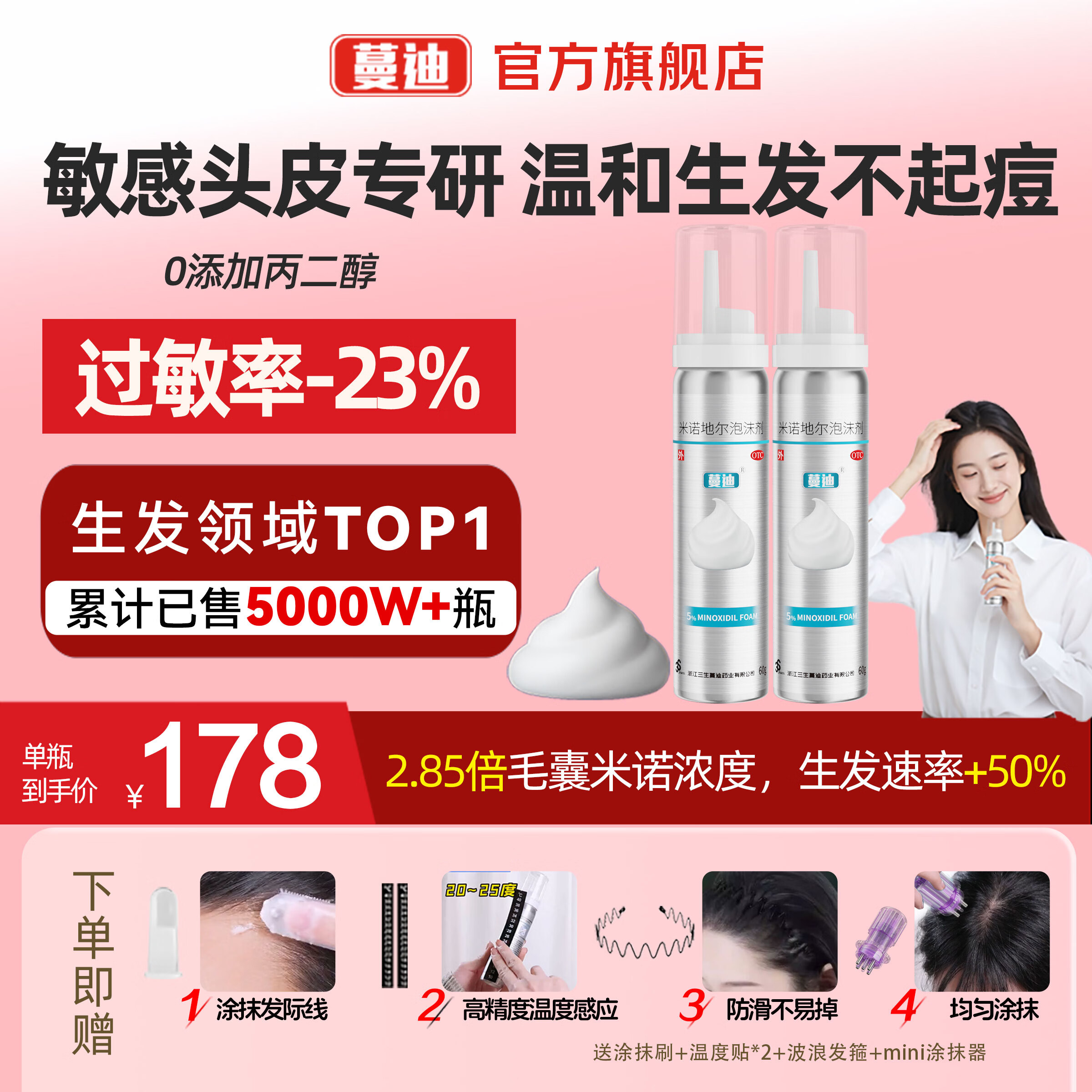 【第二代米诺地尔】蔓迪生发泡沫60g*2（敏皮专属 温和不油腻）5%男女士快速防脱育发米洛原液搽剂酊曼迪