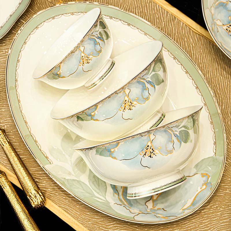 曼远釉下彩景德镇陶瓷餐具高颜值中式碗盘碟套装轻奢高级感乔迁新居礼 花影鎏金【16人配置】 102件套