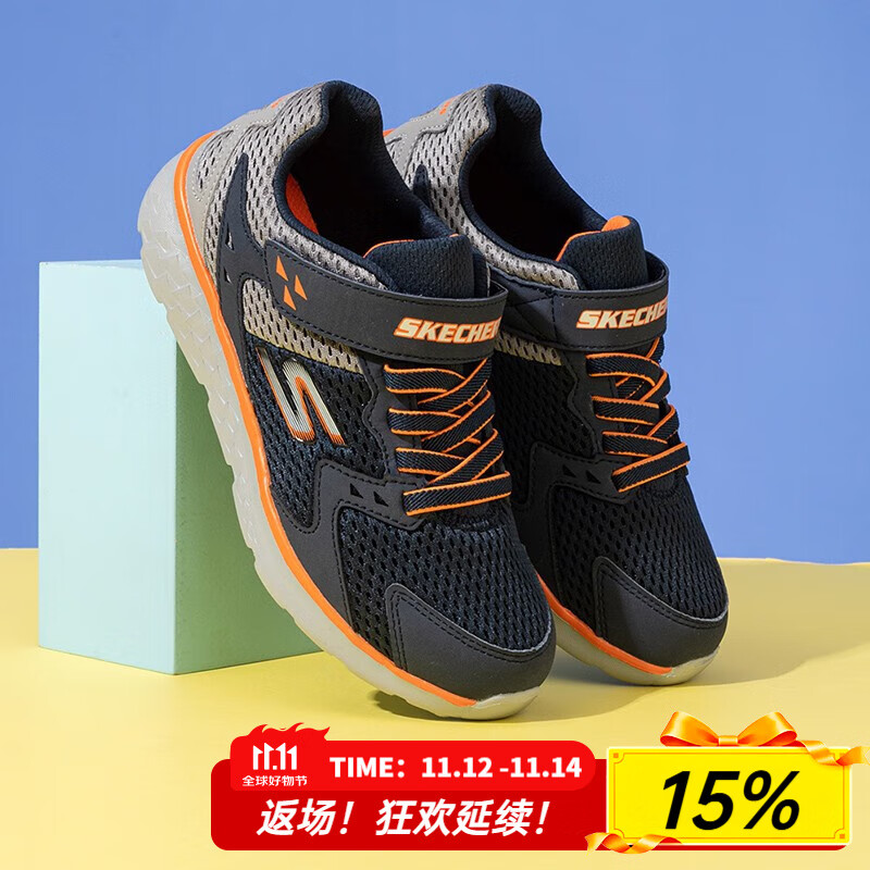 斯凯奇（Skechers）童鞋2024春秋新款男童魔术贴休闲鞋儿童轻便运动鞋跑步鞋大童 海军蓝色/灰色-NVGY 27.