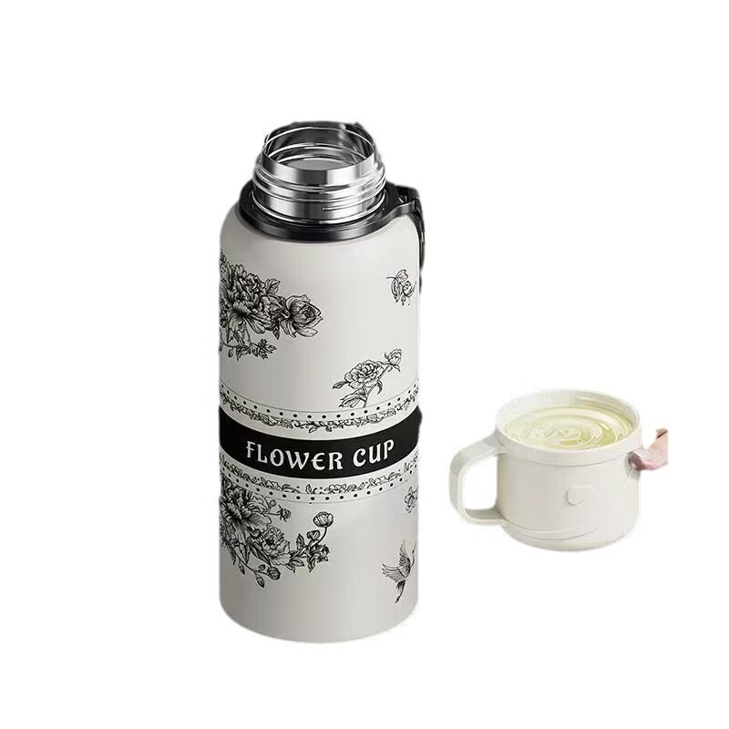 ZH栀子花不锈钢保温杯316大容量高颜值男女生水杯户外便携运动水壶 白色 600ML