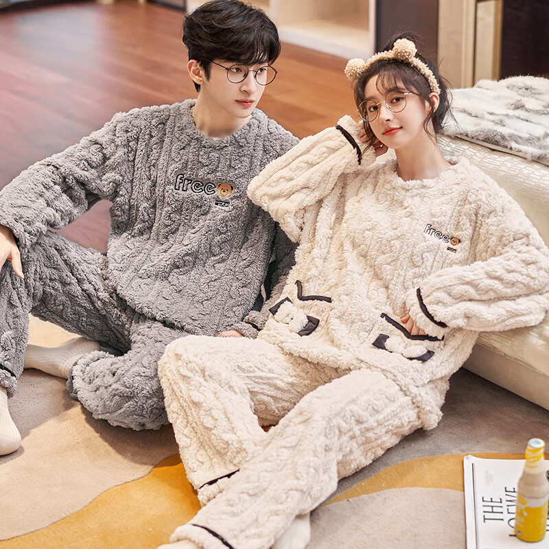 DAPHNE达芙妮【A】冬季情侣睡衣法兰绒加厚珊瑚绒舒适长袖套头男女孕妇家居服 541-542 男款：XXXL(150-170斤)