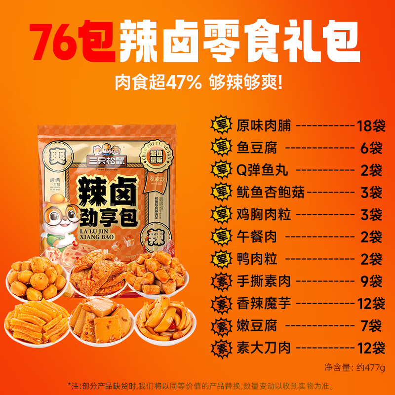 三只松鼠辣卤礼包100包零食大礼包整箱卤味肉类夜宵出游解馋小吃 共76包[买40包送36包]辣卤大礼包