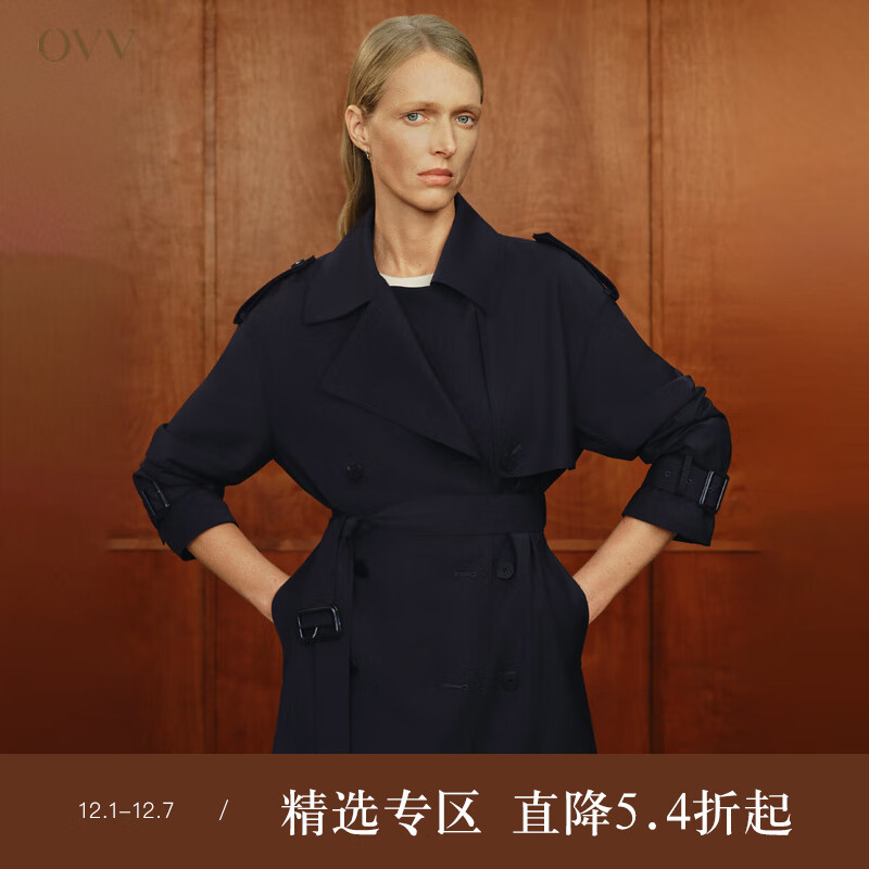 OVV2024秋冬新款女装经典翻领双排牛角扣短款羊毛风衣 藏青 XS