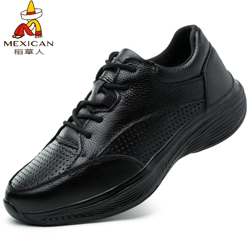 稻草人（MEXICAN）男士头层牛皮健步轻便运动皮鞋软底软皮透气系带老爹品牌休闲皮鞋 黑色夏季透气孔款 38