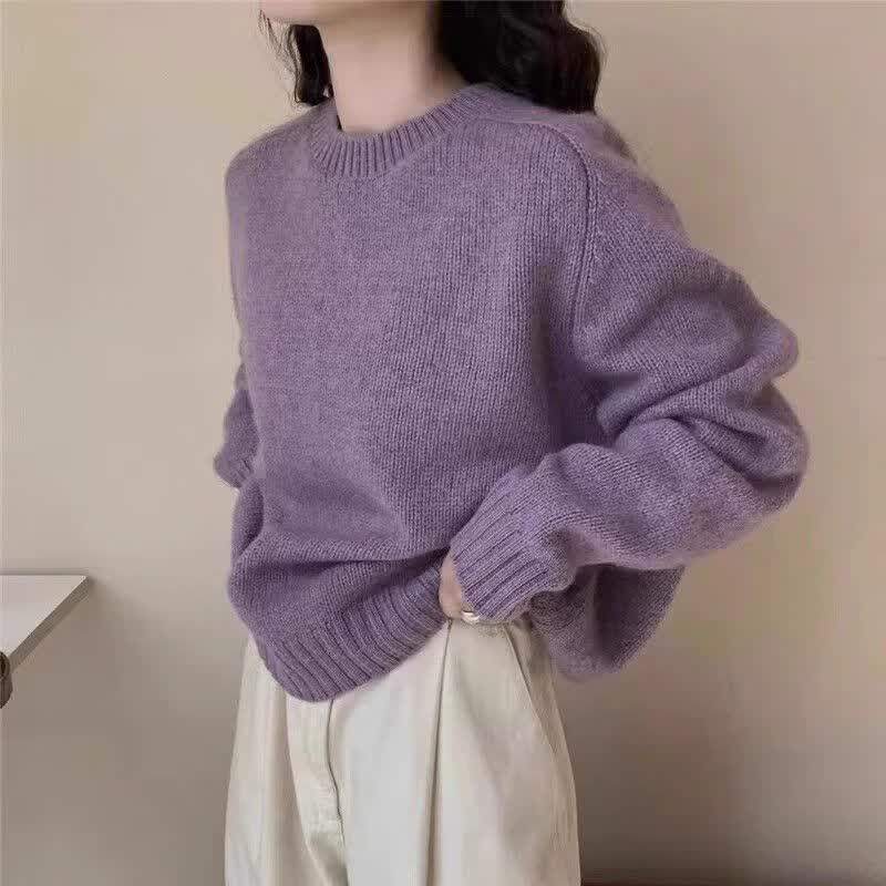 怡曼芙毛衣女韩系温柔风紫色针织衫女秋冬新款软糯慵懒风时尚学生上衣女 紫色 均码 建议90-135斤