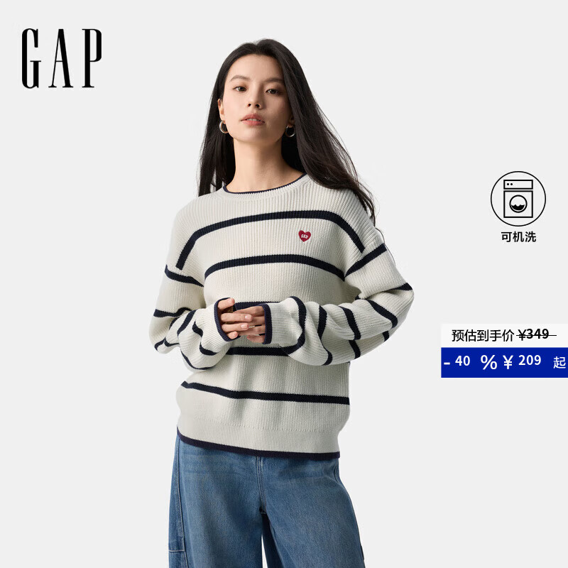 GAP女装2025春季新款纯棉爱心logo撞色条纹针织衫宽松毛衣759373 海军蓝条纹 M (165/84A)亚洲尺码