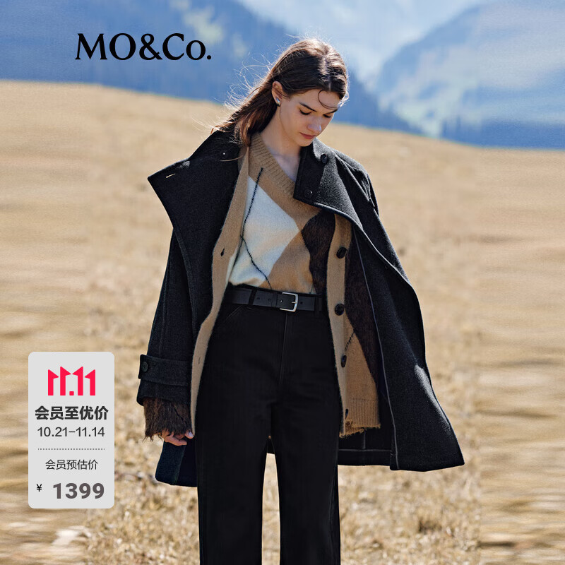 MO&amp;Co.双面呢大衣美丽诺绵羊毛中长款高领外套摩安珂 深花灰色 S 160