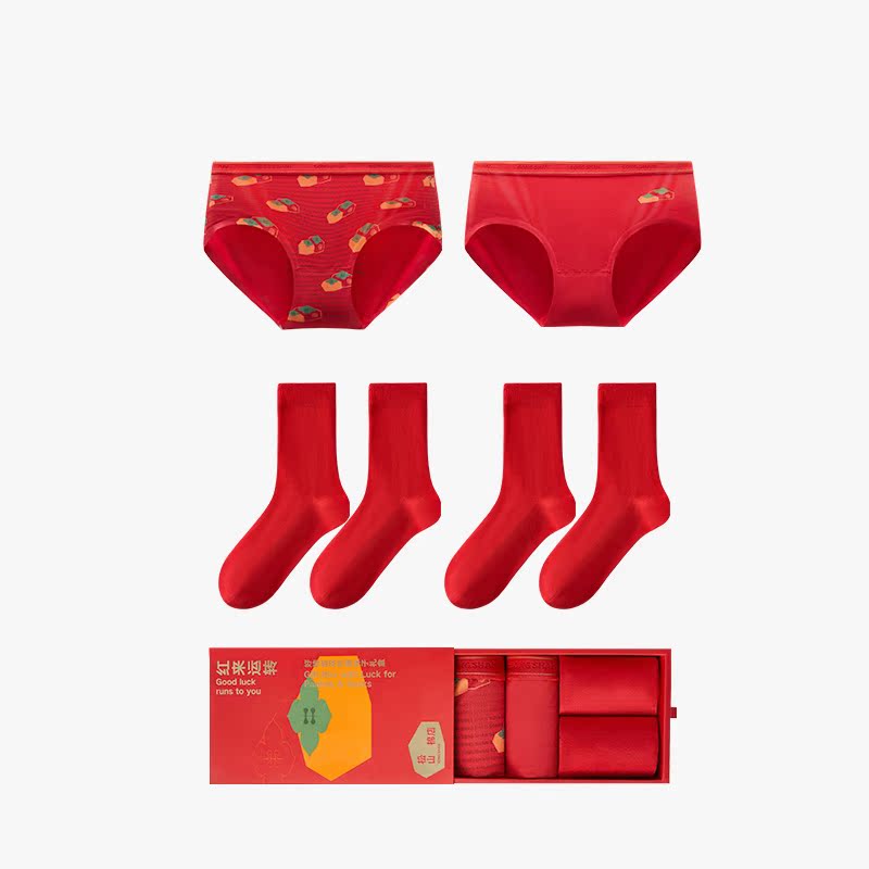 松山棉店松山福松山棉紅色內(nèi)褲襪子套裝禮盒男女士情侶結(jié)婚蛇本命年內(nèi)衣 女士-紅色 M 160__女士