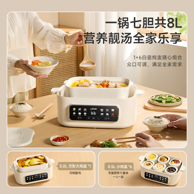 LOTOR徕多电炖锅家用炖盅大容量隔水多功能煲汤炖汤盅陶瓷燕窝电炖盅隔水煮粥神器宝宝辅食锅4-5人用 白色 8L 七胆旗舰款【彩屏12菜单】