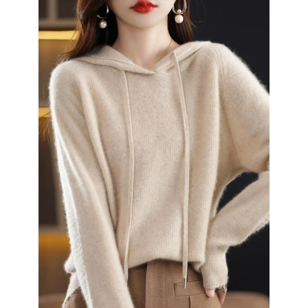 EMZ鄂尔多斯2025年春秋冬新款秋冬季带帽羊毛衫女士毛衣宽松连帽针织 中国红 中国红 S