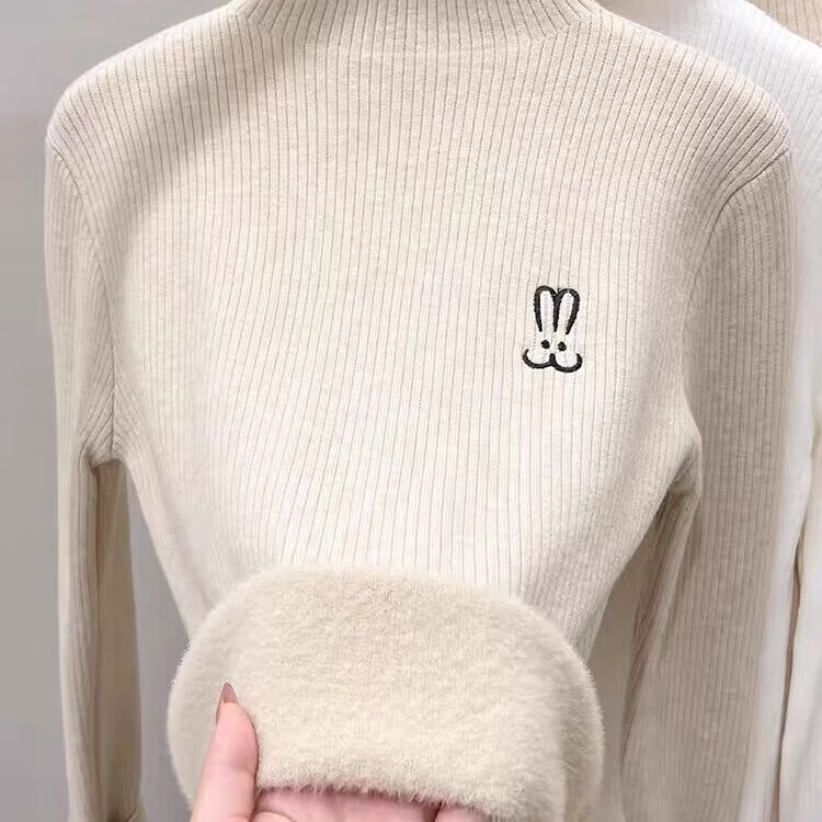 香影芬半高领一体绒毛衣女秋冬新款加绒加厚内搭打底针织衫保暖套头上衣 杏色 S (建议95斤以内)