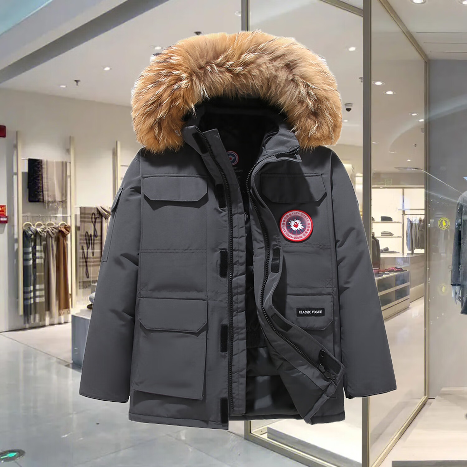 LUCK SWAN GODSE极寒羽绒服男中长款派克服女士户外运动工装大衣加厚保暖棉服外套 石墨灰色-加拿大08远征大鹅风格 XL 【建议体重：120-140斤】-情侣同款