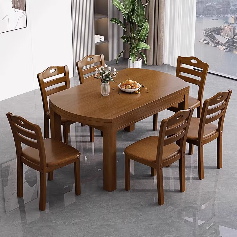 木斌全实木餐桌椅子组合现代中式吃饭桌子可伸缩折叠餐桌圆桌餐厅家具 【全实木胡桃色 】一桌6椅 138*86*76cm