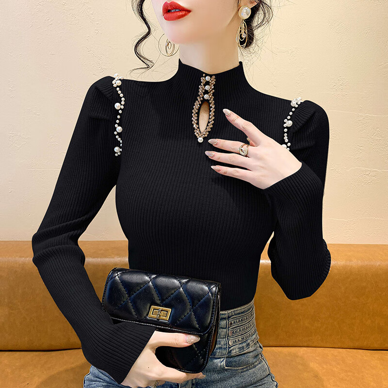 香影纯高级感时尚半高领打底衫女秋装2025新款别致珍珠内搭上衣长袖毛衣 黑色【高品质】 3XL (建议135-150斤) 京东折扣/优惠券