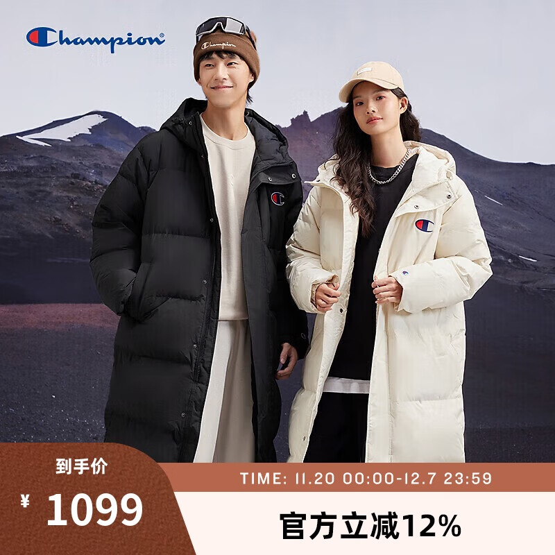 Champion冠军中长款连帽羽绒服男2024冬季新款保暖情侣外套潮牌