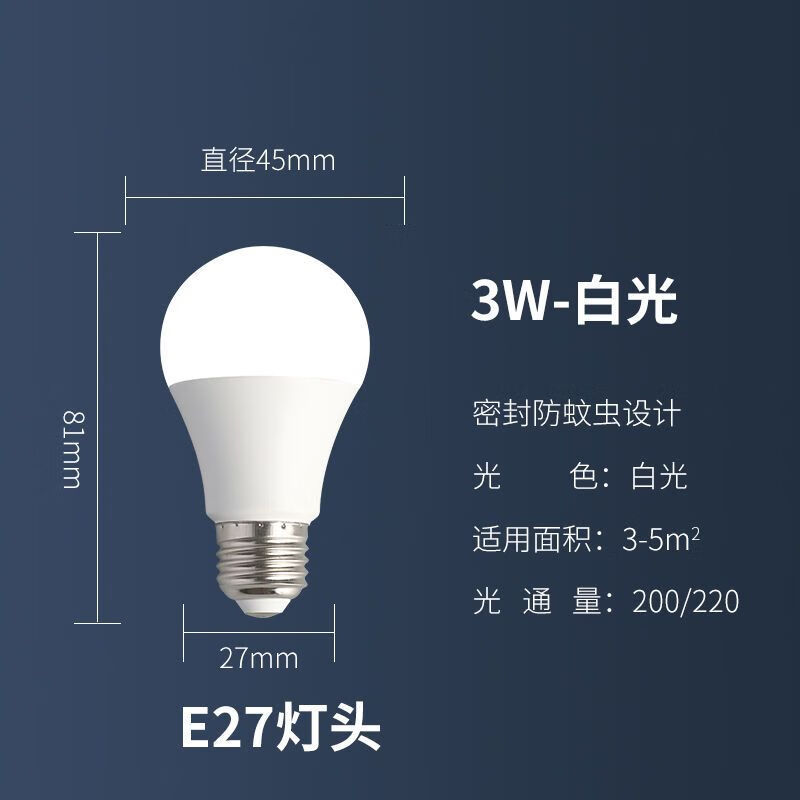 DEATKNLED灯泡螺丝口节能灯泡超高亮省电E27大螺口家用护眼电灯泡 3瓦高亮：2只装 正白光 【质保三年破损包赔】