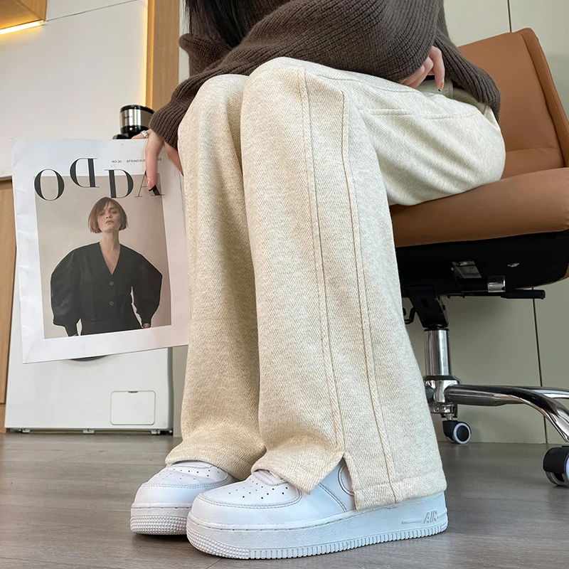 【秋冬新款】高腰加绒加厚人字纹阔腿裤 显瘦开叉窄版毛呢直筒裤 杏色【秋款不加绒】 XL （建议110-125斤）