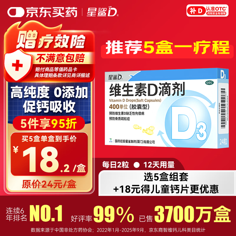 星鲨【无效包赔】维生素d3滴剂（胶囊型）24粒 d3婴儿婴幼儿儿童维生素D促钙吸收长高 补钙 京东自营非维生