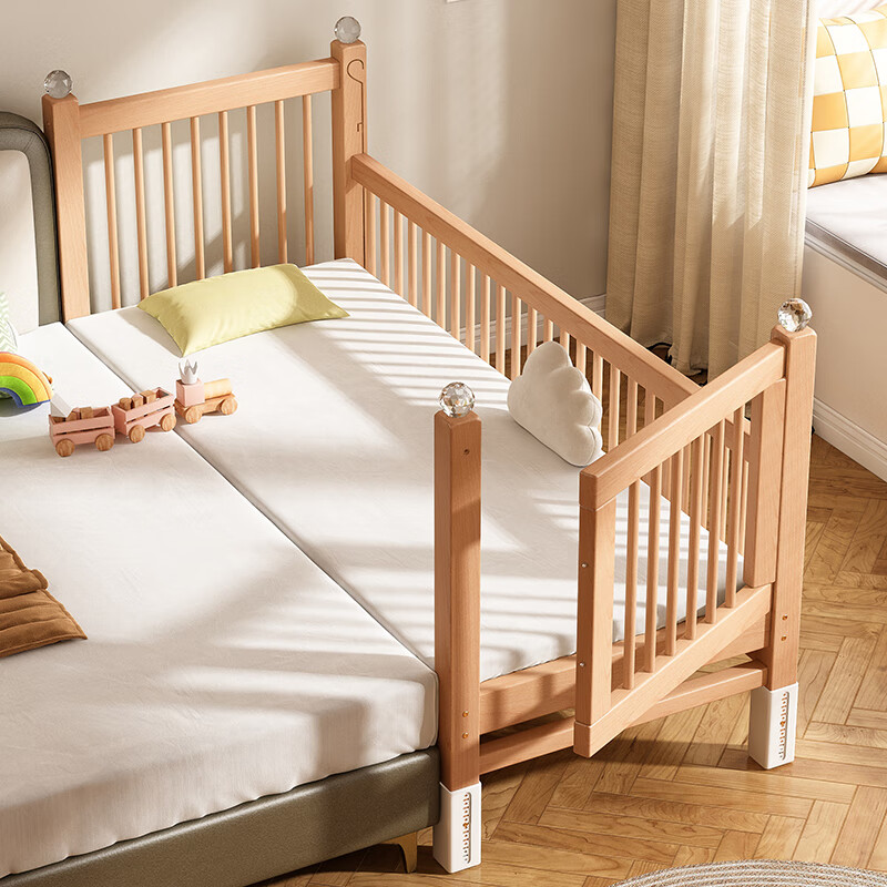 贝幸福 BAYLUCK可升降榉木拼接床实木儿童床婴儿床加宽拼接大床小孩床边床拼接床 侧升尾门款+10cm空气纤维垫+床围 200*100cm【可升降】