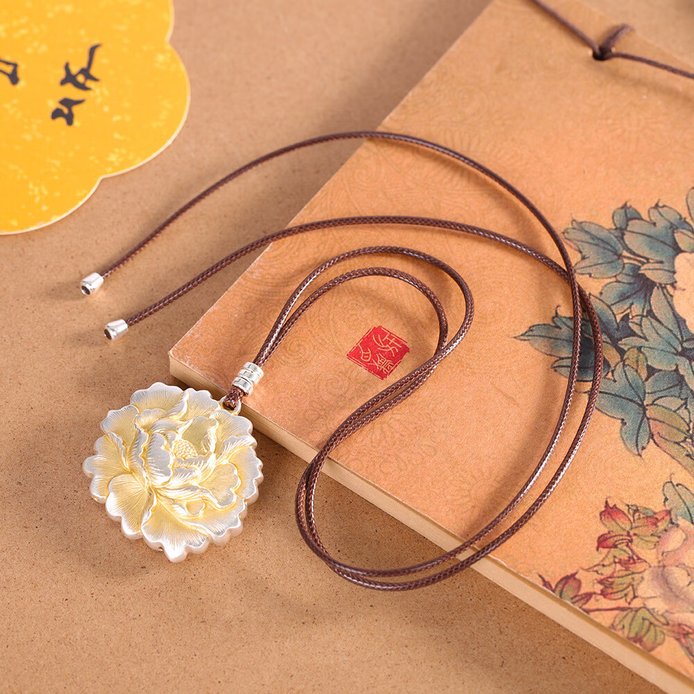 老凰祥足银999描金牡丹花吊坠女款国风中式纯银项链民族风毛衣链 足银牡丹花皮绳款18克