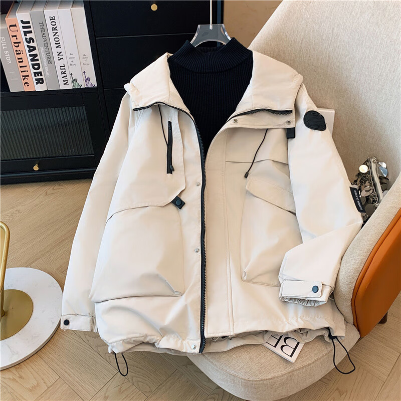 京功本命年90马年女外套年轻女孩子穿感红色工装连帽棉服女冬大码保暖 米白色【时尚感/卫衣/秋冬新款女装/打底衫/名媛气 3XL 【160-180斤】