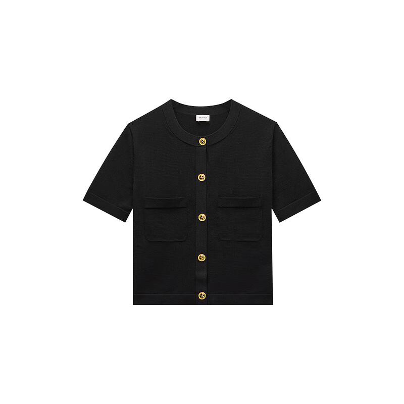 歐時(shí)力（OCHIRLY）冰爽絲小香風(fēng)短袖針織衫女上衣感2025夏季新品 黑色 S