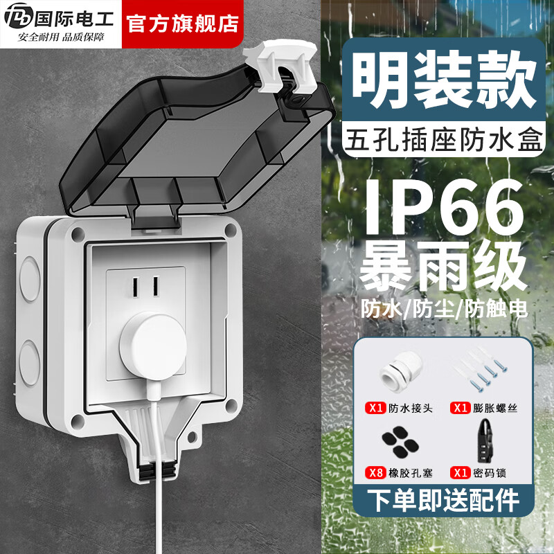 国际电工（FDD）户外防水开关插座浴室电源防水盒明暗装室外IP66防暴雨级别防溅盒 明装防水盒+10A五孔