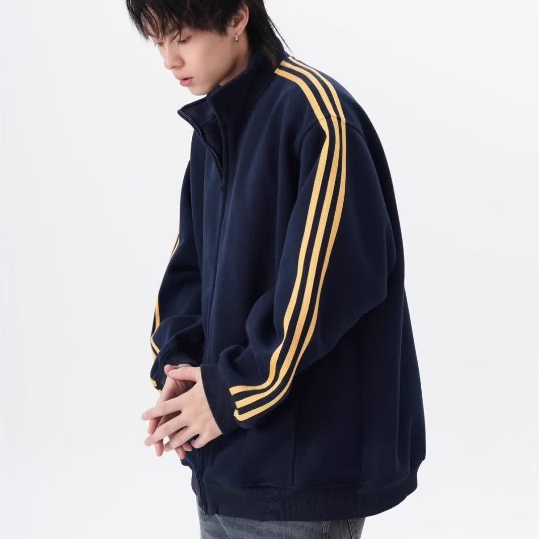 东馨鸟潮牌三条复古开衫卫衣秋季美式立领条纹夹克外套宽松情侣拉链上衣 藏青色（三杠外套） 3XL