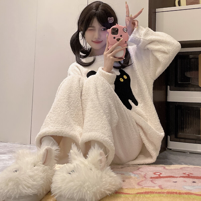 都市丽人睡衣套装女士秋冬季2025新款加绒加厚家居服可爱半边绒睡衣可外穿 可爱小黑猫 XL  （建议120-140斤）