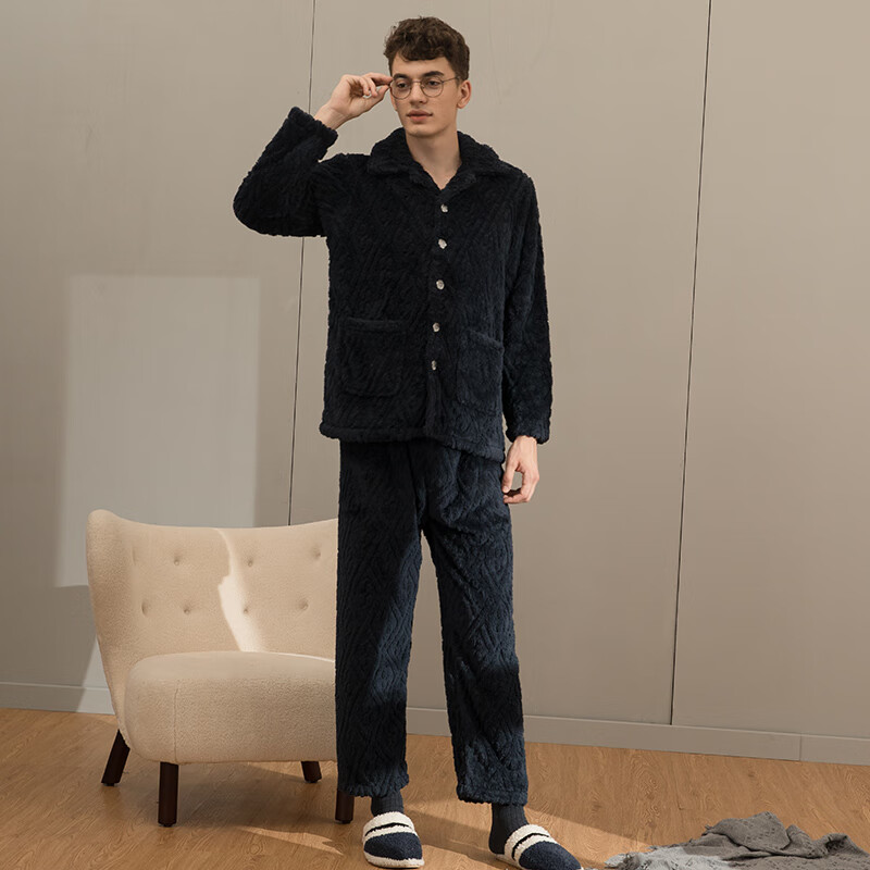 芬腾男士睡衣珊瑚绒家居服套装秋冬保暖 M98241403-宝兰 XL