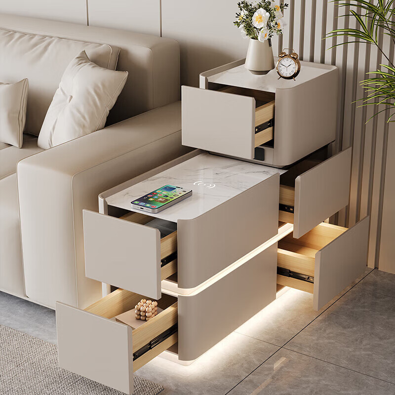 轻奢智能沙发边柜客厅高级感边几新款实木侧边柜简约置物柜收纳柜 钢化玻璃台面+公牛插座+语音灯 宽40*深90*高85-侧边抽屉方向备注