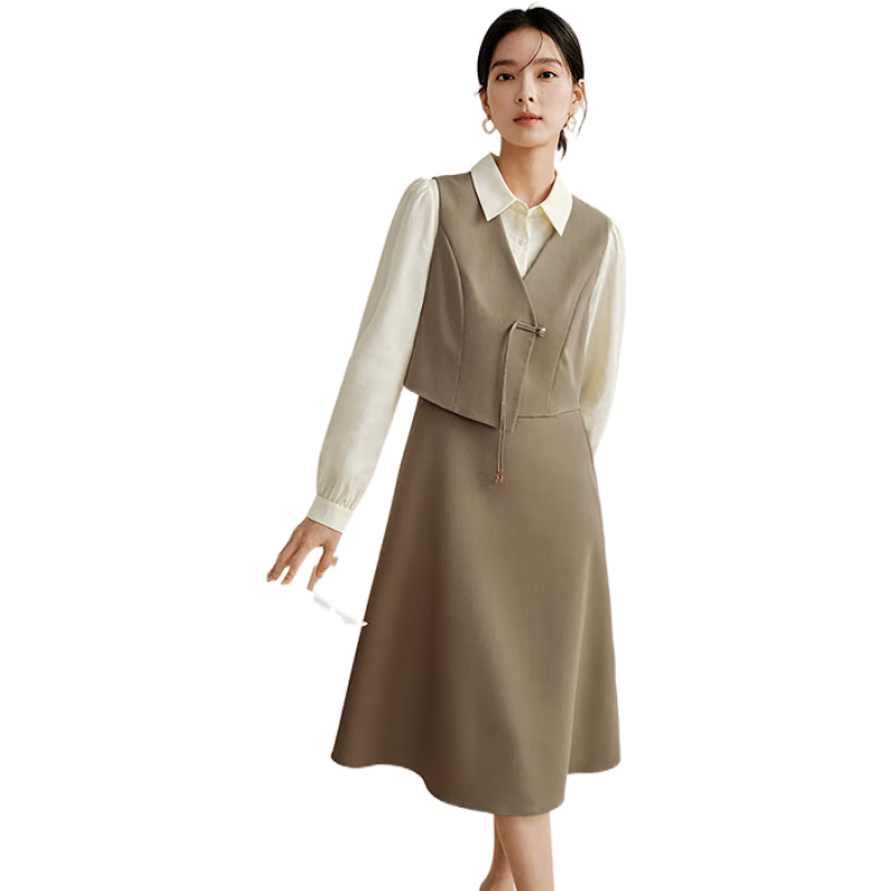 茵曼（INMAN）【商場(chǎng)同款】馬甲連衣裙套裝2024春女裝新品氣質(zhì)襯衫裙套裝 淺杏色 S