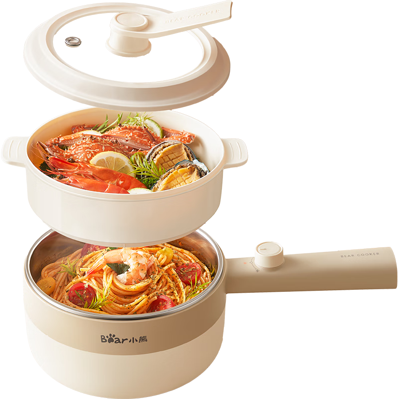 小熊（Bear）电煮锅 小电锅 电热锅 电蒸锅 学生宿舍泡面小火锅多功能多用途锅0涂层不锈钢 F16S3 1.6L配蒸笼