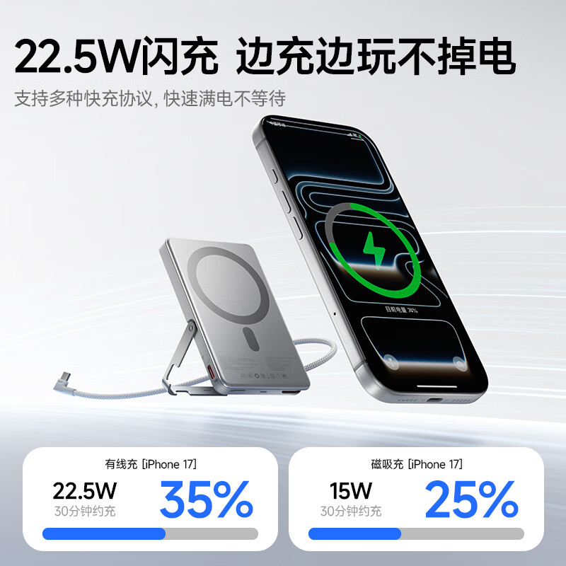 VENIDER【国家3C认证丨自带线+支架磁吸充电宝】可上飞机高铁自带线超薄无线充苹果17iphone大容量1万毫安 【全新升级】银色丨自带线+支架10000mAh 1万毫安丨自带线+支架丨国家最新3C认证