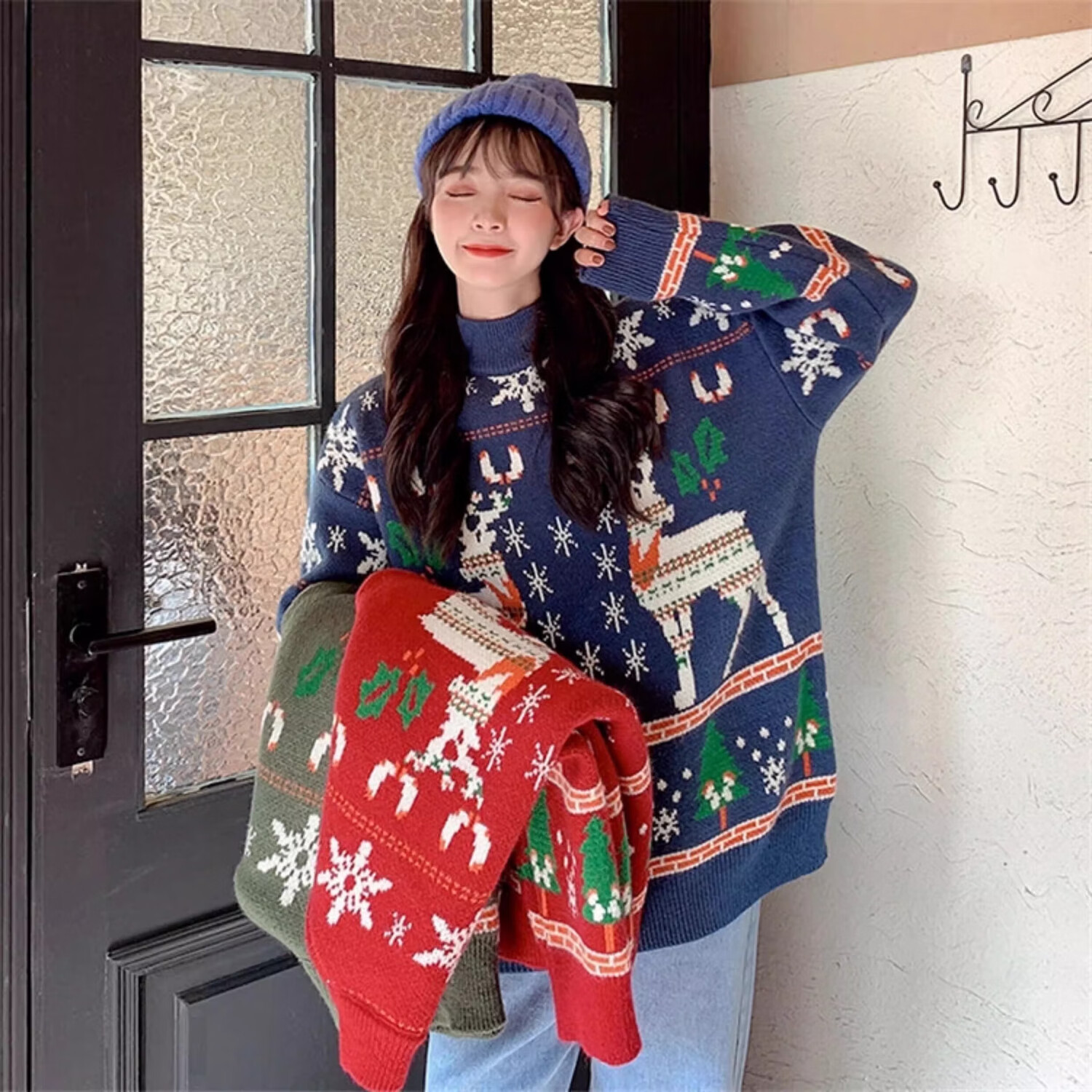 相伊恋人毛衣针织衫女25新款秋冬红色圣诞复古外套圆领保暖宽松小个子上衣 圣诞红色毛衣 均码 【建议80~140斤】