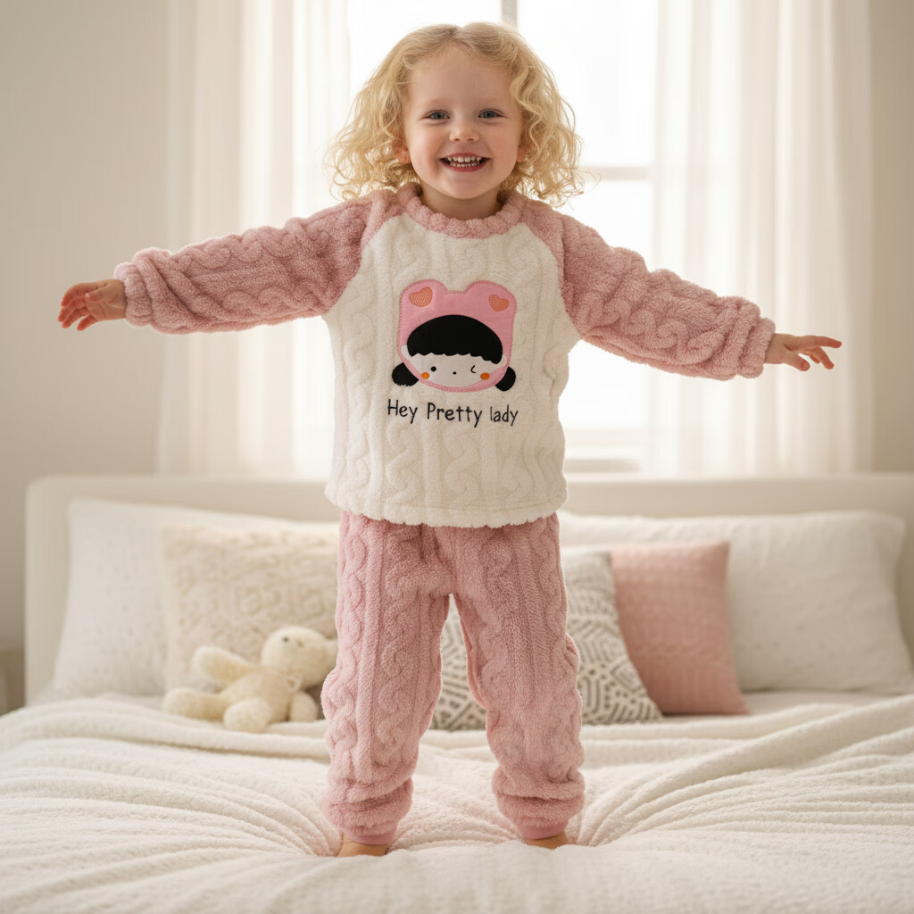 小猪大卫 PECODAVID秋冬宝宝居家服男女儿童可爱珊瑚绒圆领分体保暖套装2件套 粉色你好女孩 90 版型宽松，按正常尺码拍